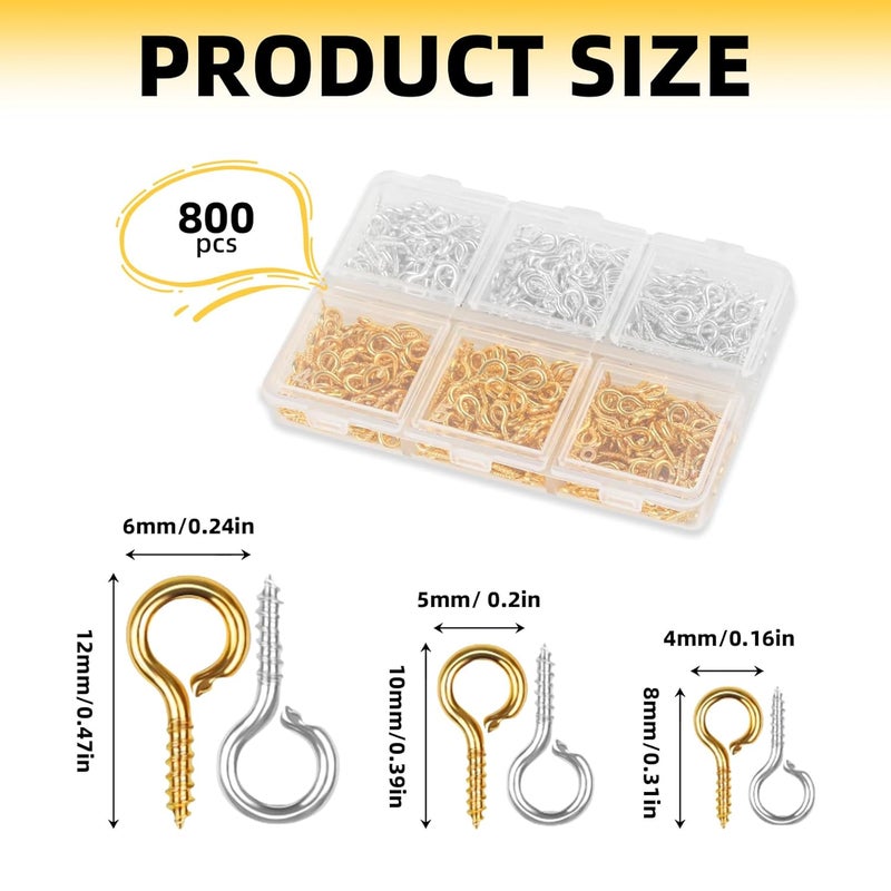 VYNFLICK Screw Eye Pins: Small Eyelet Screws 3 Sizes 800Pcs Gold & Silver Mini Eye Hooks for Jewelry Making DIY Crafts Art Projects - Image 2